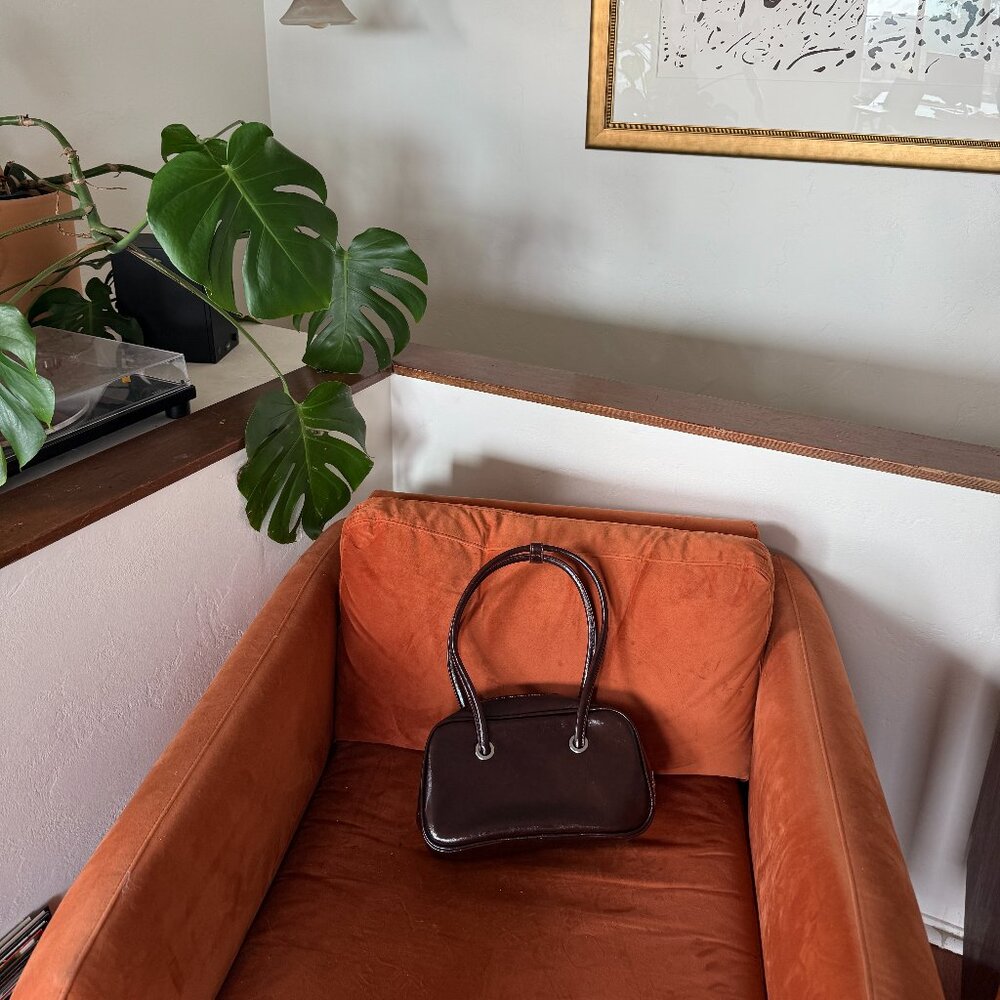 Burgundy Patent Faux Leather Purse with structured arm loops